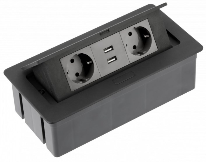 Блок розеток настольный SOFT, 2 розетки, AE-PBSUC2GS-20 (Schuko) 2xUSB, черный, с проводом 1,5 метра
