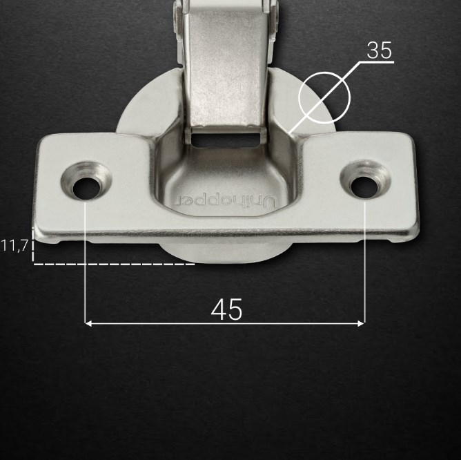 3D петля UNIHOPPER HUTTON с рег.дов, с лин.планкой, накл., 45мм,с декор.накл.,ник.HG1133.C0.B1.45.NI