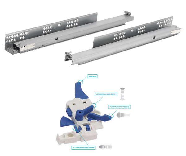 Направляющие Unihopper скрытые 3D 450мм с дов, компл. с фикс. для плиты 18мм (CL12E2.4503.S.ZP)