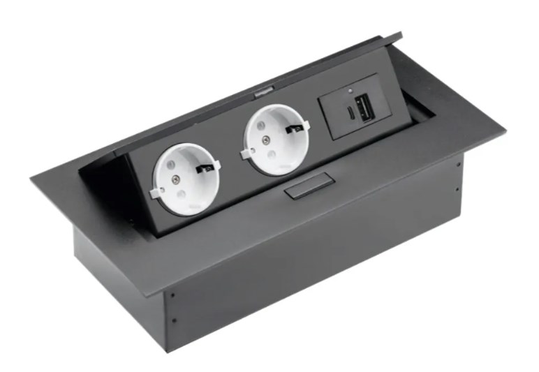 AE-PBU02GS-20N Удлинитель врезной прямоугольный, 2хSCHUKO. USB-A+C/5V, без вилки, черный
