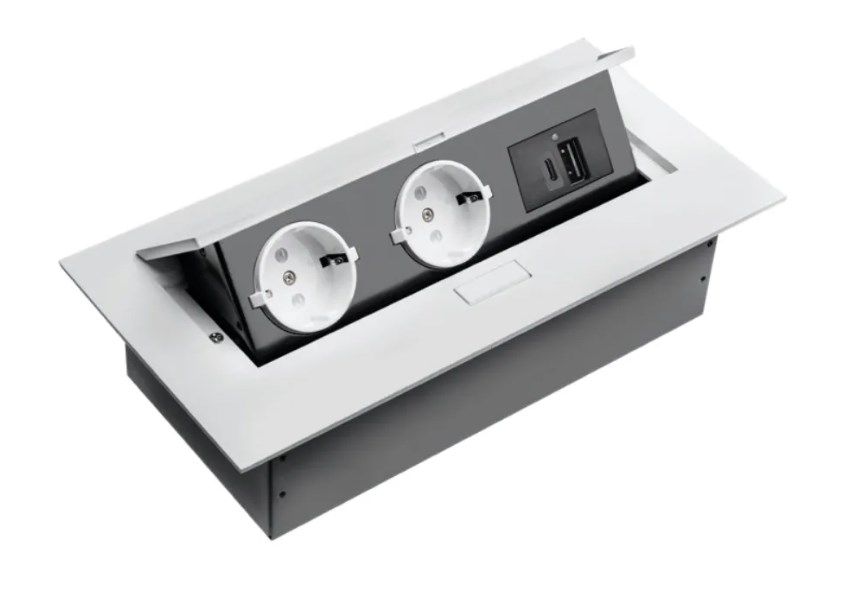 AE-PBU02GS-10N Удлинитель врезной прямоугольный, 2хSCHUKO. USB-A+C/5V, без вилки, белый
